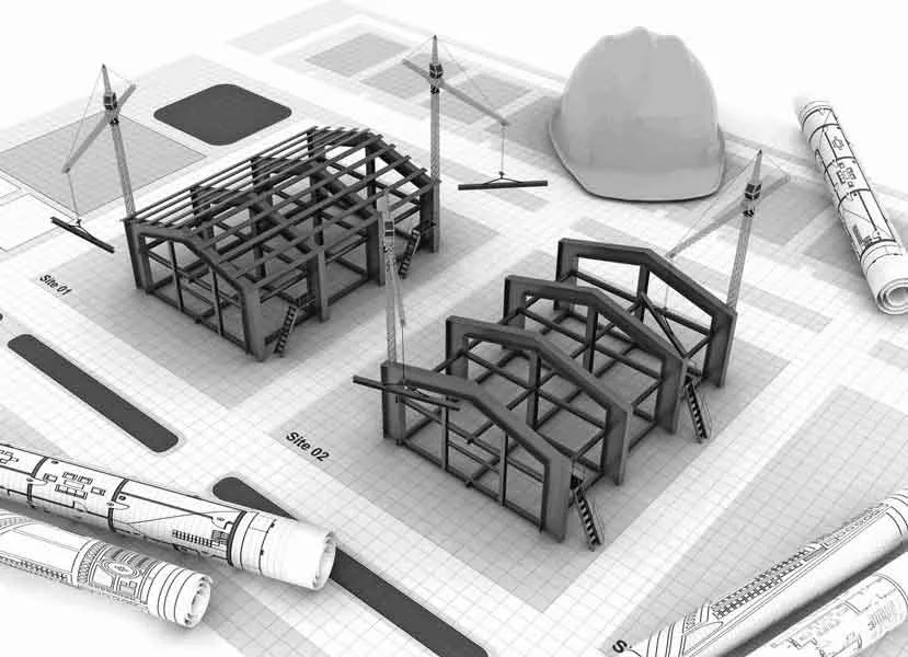 Maquettes de structures métalliques sur des plans de construction, avec casque et instruments de dessin